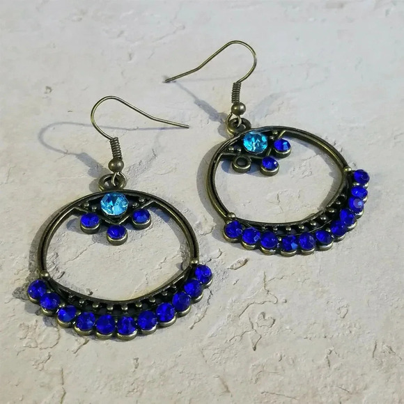 Steampunk Victorian Blue Turquoise Rhinestone Dangle Earrings Antique Brass - Picture 2 of 4